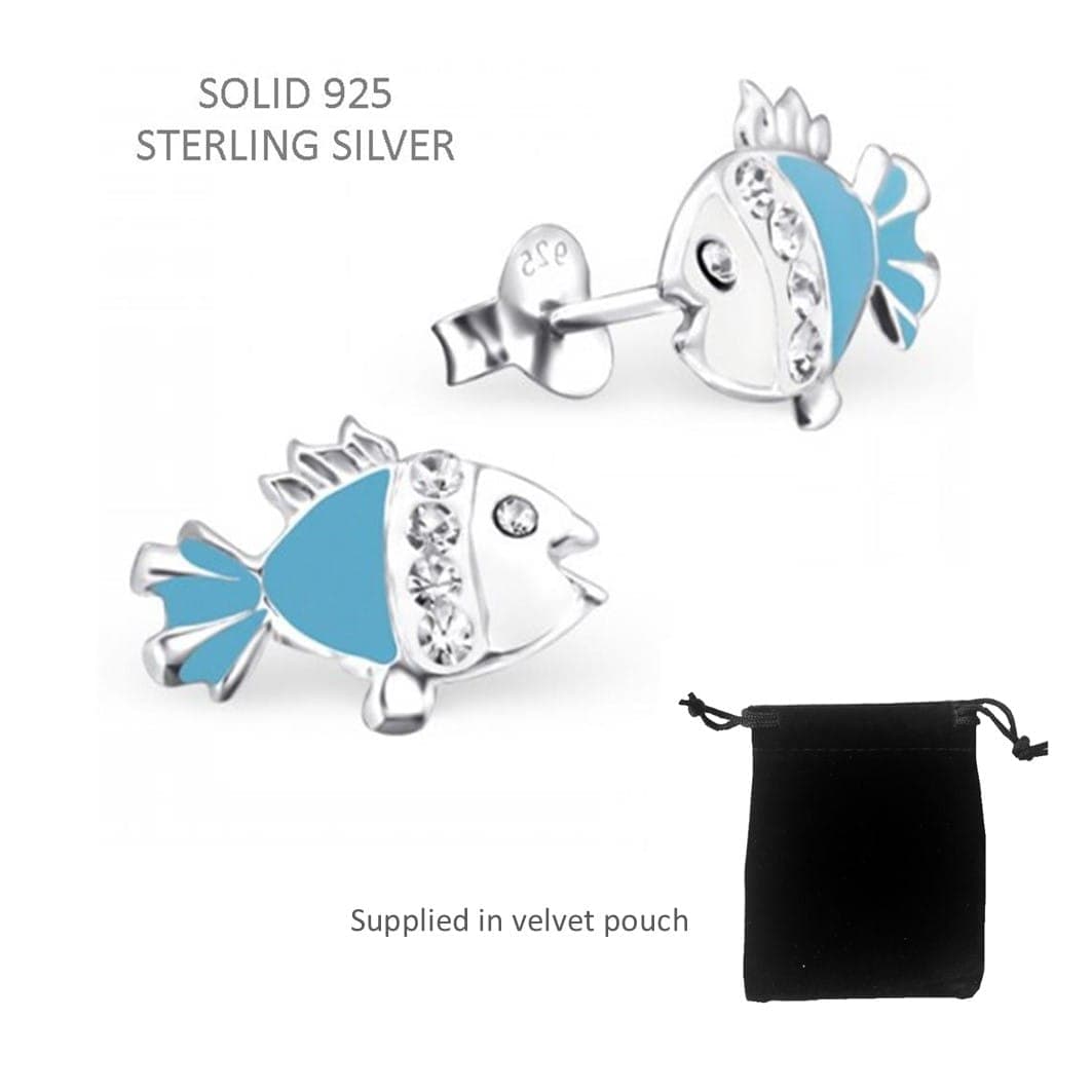 Children's Silver Fish Ear Studs with Crystal - Blue